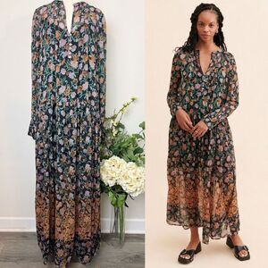 Free People See It Through Dress boho floral sheer maxi | black multi | Medium